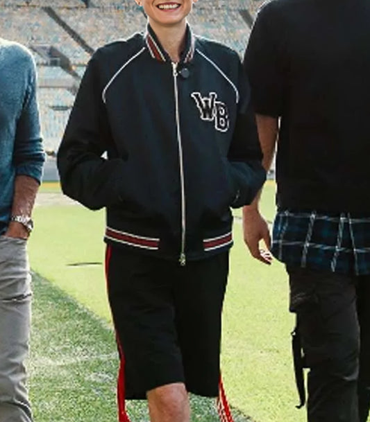 Deadpool and Wolverine Emma Corrin black satin varsity jacket