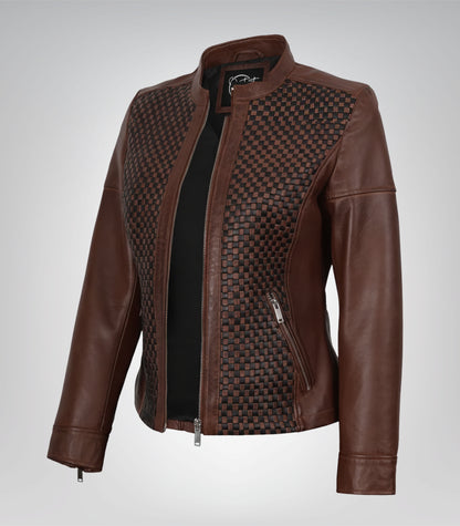 Women’s genuine cognac leather biker jacket with textured finish
