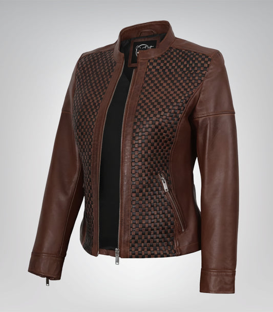 Women’s genuine cognac leather biker jacket with textured finish