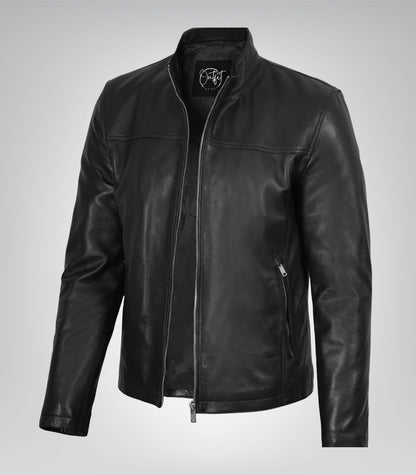 Men’s black leather jacket in classic biker style