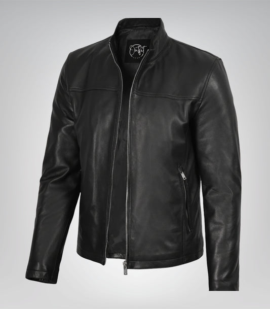 Men’s black leather jacket in classic biker style