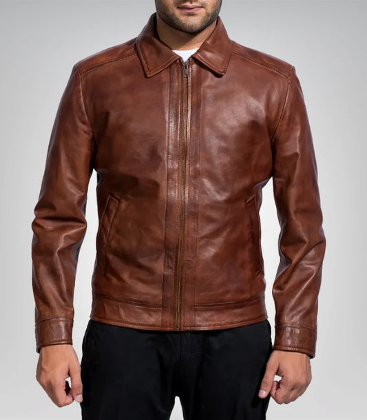 Slim fit brown distressed leather jacket for men – motorcycle design