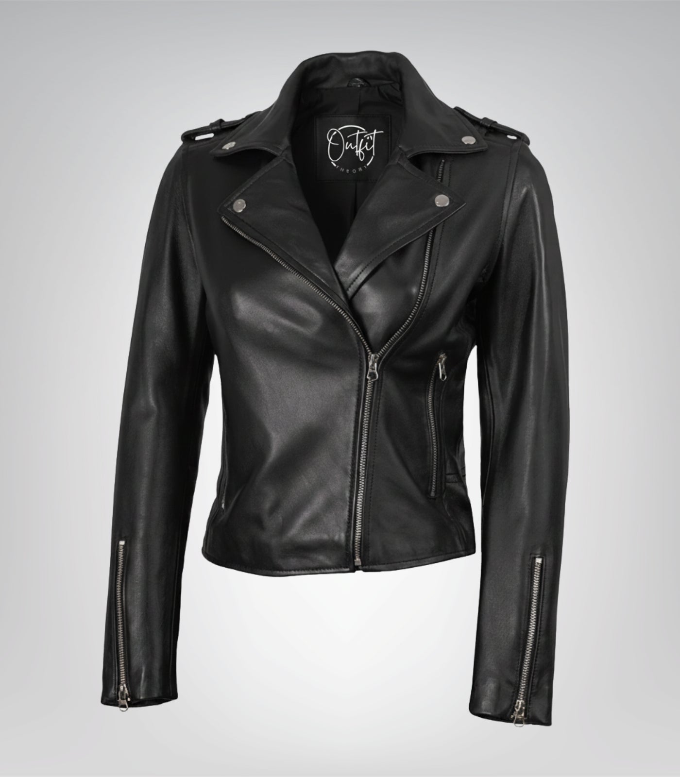 Women’s genuine black leather jacket in asymmetrical biker design