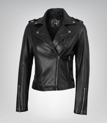 Women’s genuine black leather jacket in asymmetrical biker design