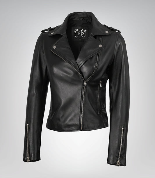 Women’s genuine black leather jacket in asymmetrical biker design