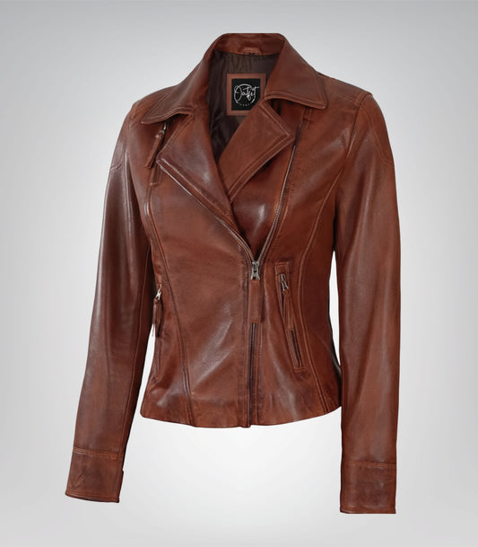 Women’s cognac genuine leather moto jacket