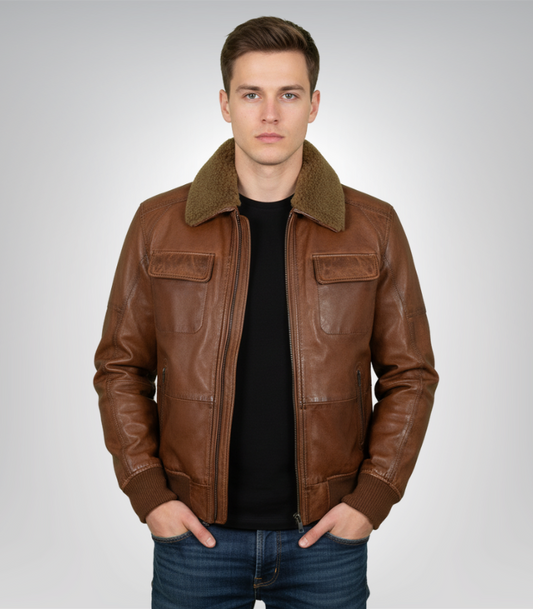 Mens Air Force Shearling Brown Leather Jacket