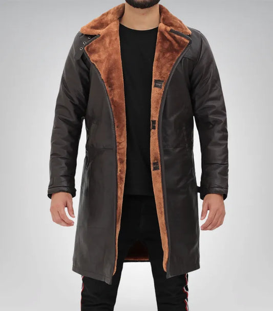 Men’s Dark Brown Leather Shearling Coat 3/4 Length