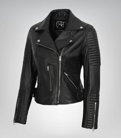 Women’s genuine black leather biker jacket