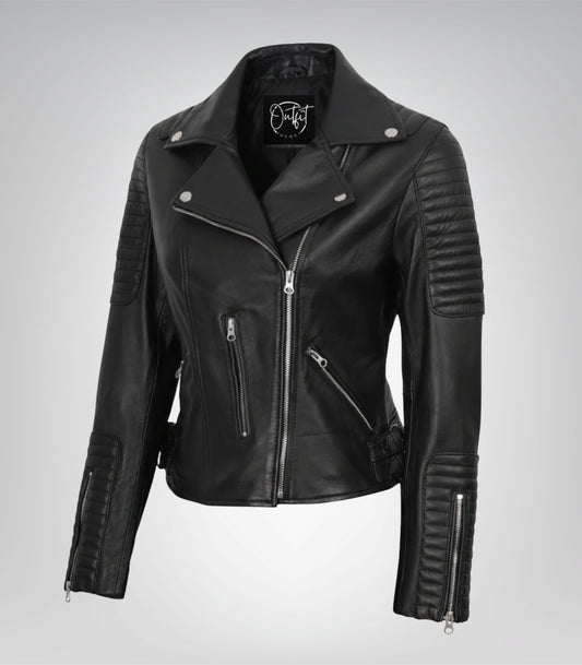 Women’s genuine black leather biker jacket