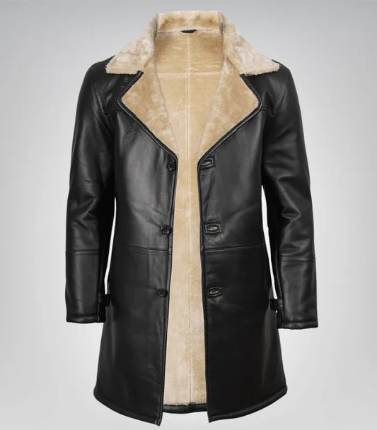 Men’s Black 3/4 Length Genuine Leather Coat with Faux Shearling Lining