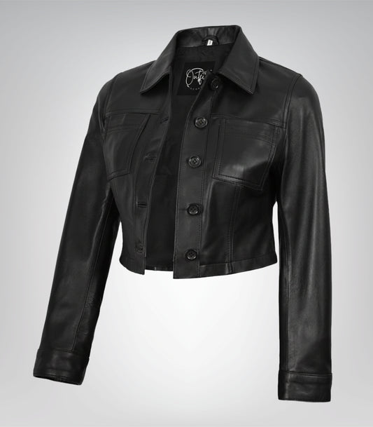 Black cropped women’s leather jacket with classic button-up closure