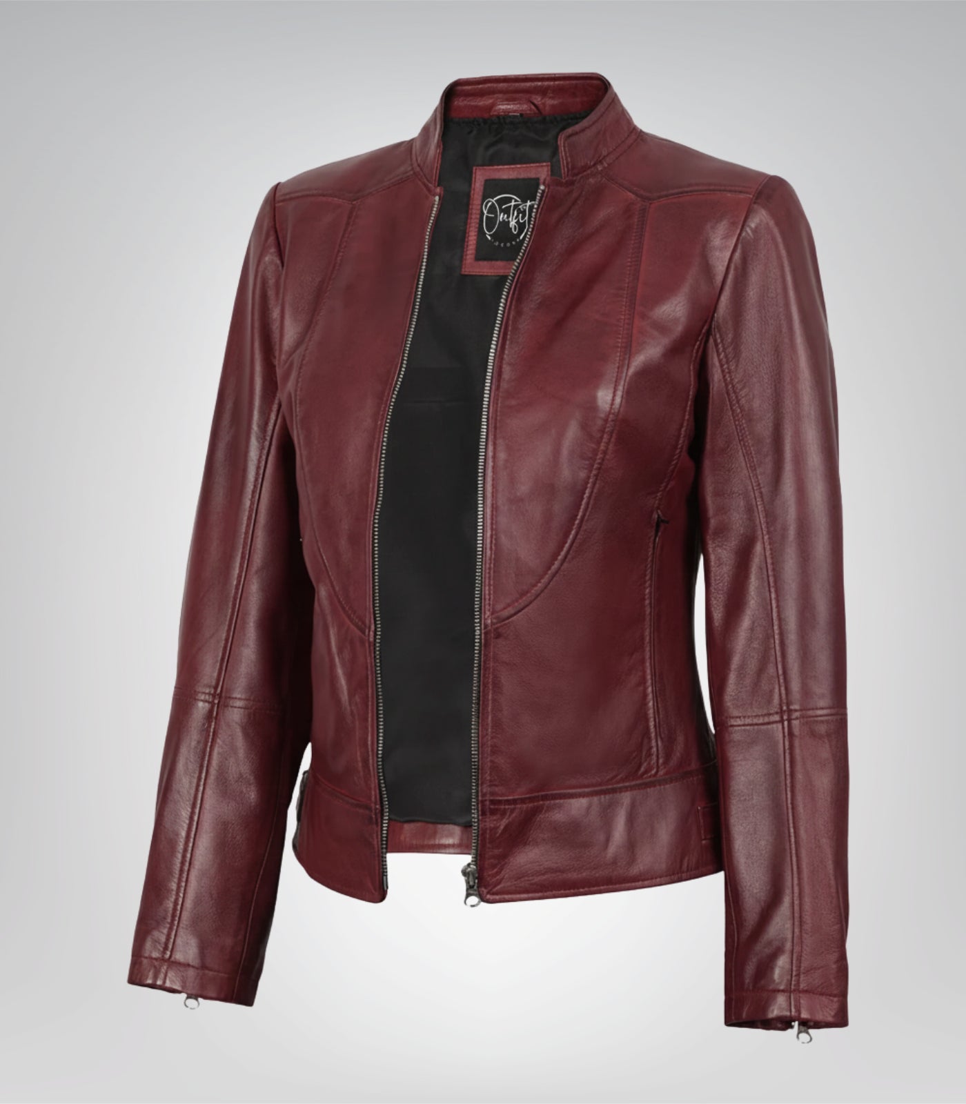 Women’s genuine burgundy leather jacket with slim fit