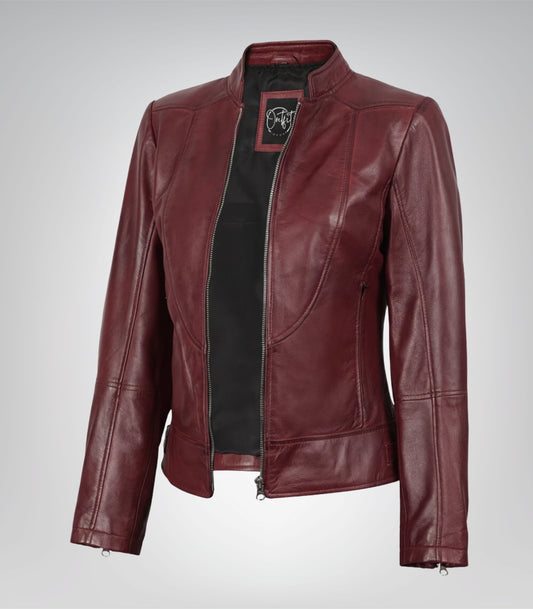 Women’s genuine burgundy leather jacket with slim fit