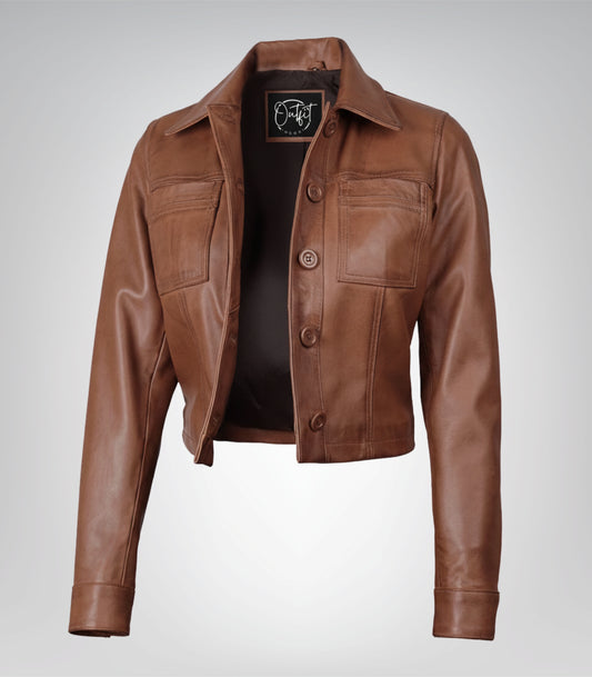Women’s cropped leather jacket in cognac brown