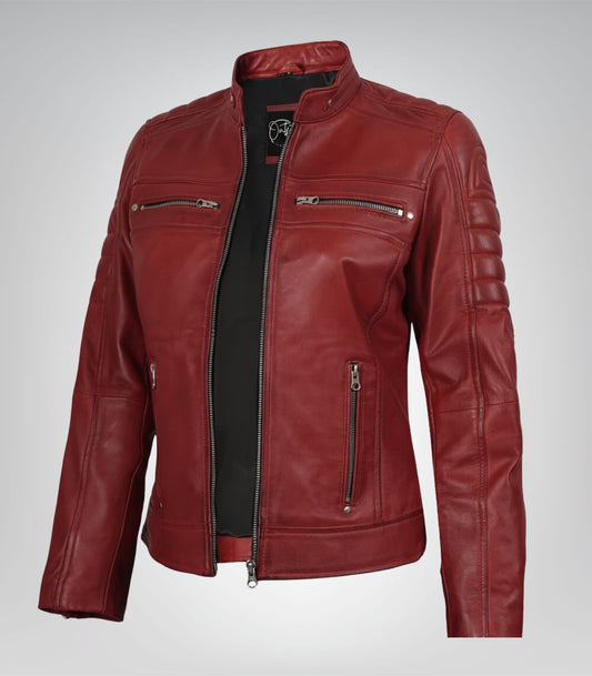 Women’s real leather biker jacket in waxed red finish