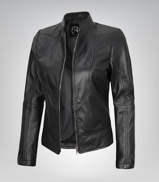Céleste women’s black bomber leather jacket with detachable hood