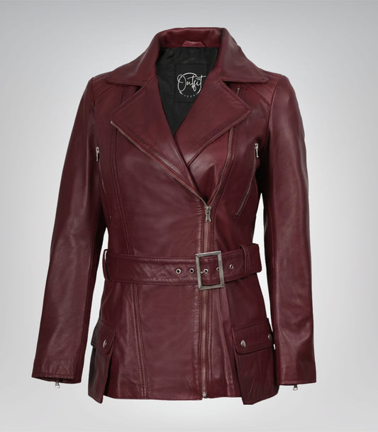 Asymmetrical maroon leather biker jacket for women with belted detail