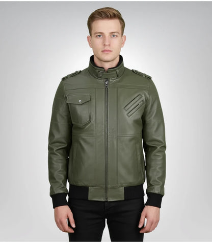 Men's army green bomber leather jacket – classic military style