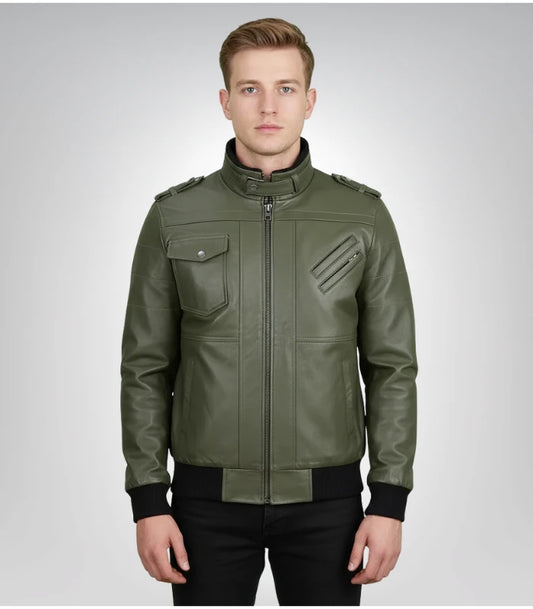 Men's army green bomber leather jacket – classic military style