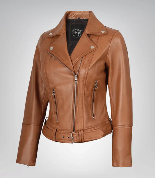Women’s tan belted biker-style leather jacket with asymmetrical front