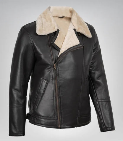 Men’s Dark Brown Biker Shearling Leather Jacket – Asymmetrical Winter Style