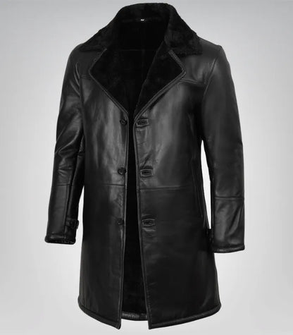 Men’s Black 3/4 Length Genuine Leather Coat with Faux Shearling Lining