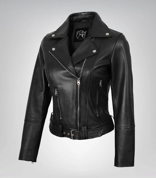 Women’s black leather biker jacket with asymmetrical front and belt
