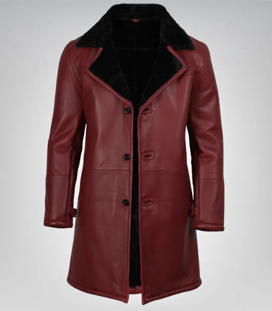 Men’s maroon 3/4 length leather coat with black faux shearling lining