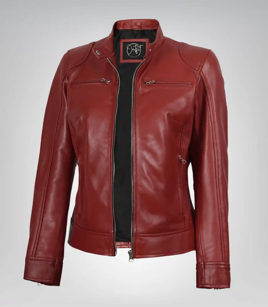 Women’s luxe red real leather biker jacket with premium finish