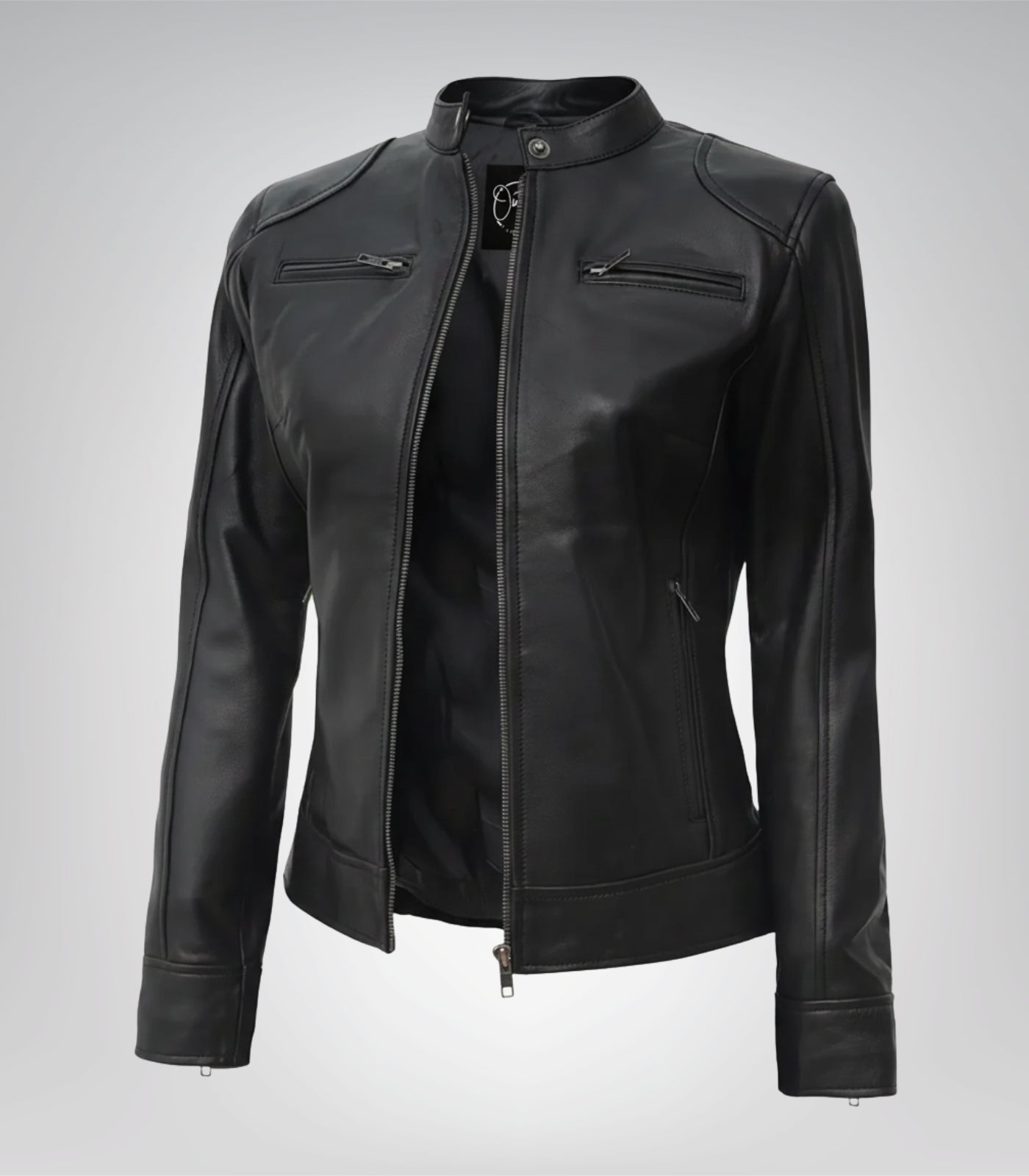 Slim-fit black leather biker jacket for women