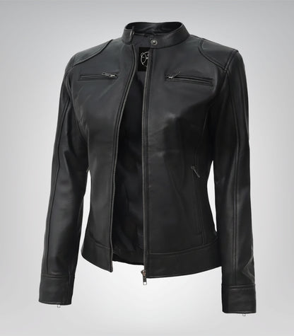 Slim-fit black leather biker jacket for women