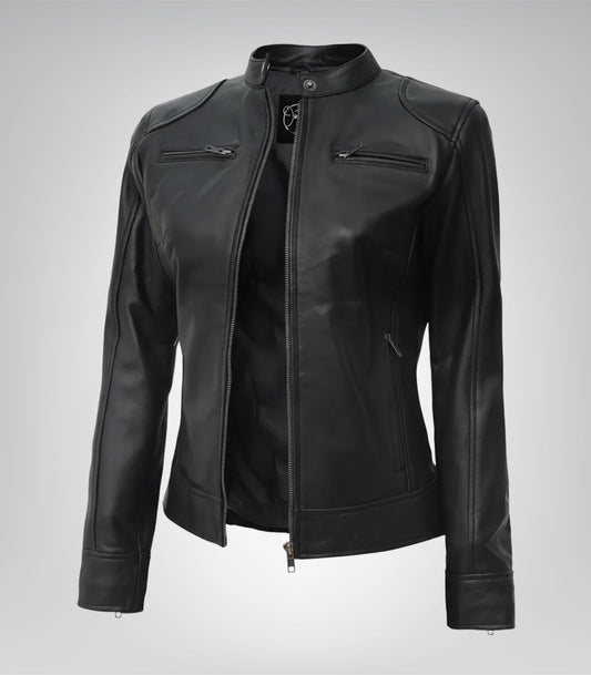 Slim-fit black leather biker jacket for women