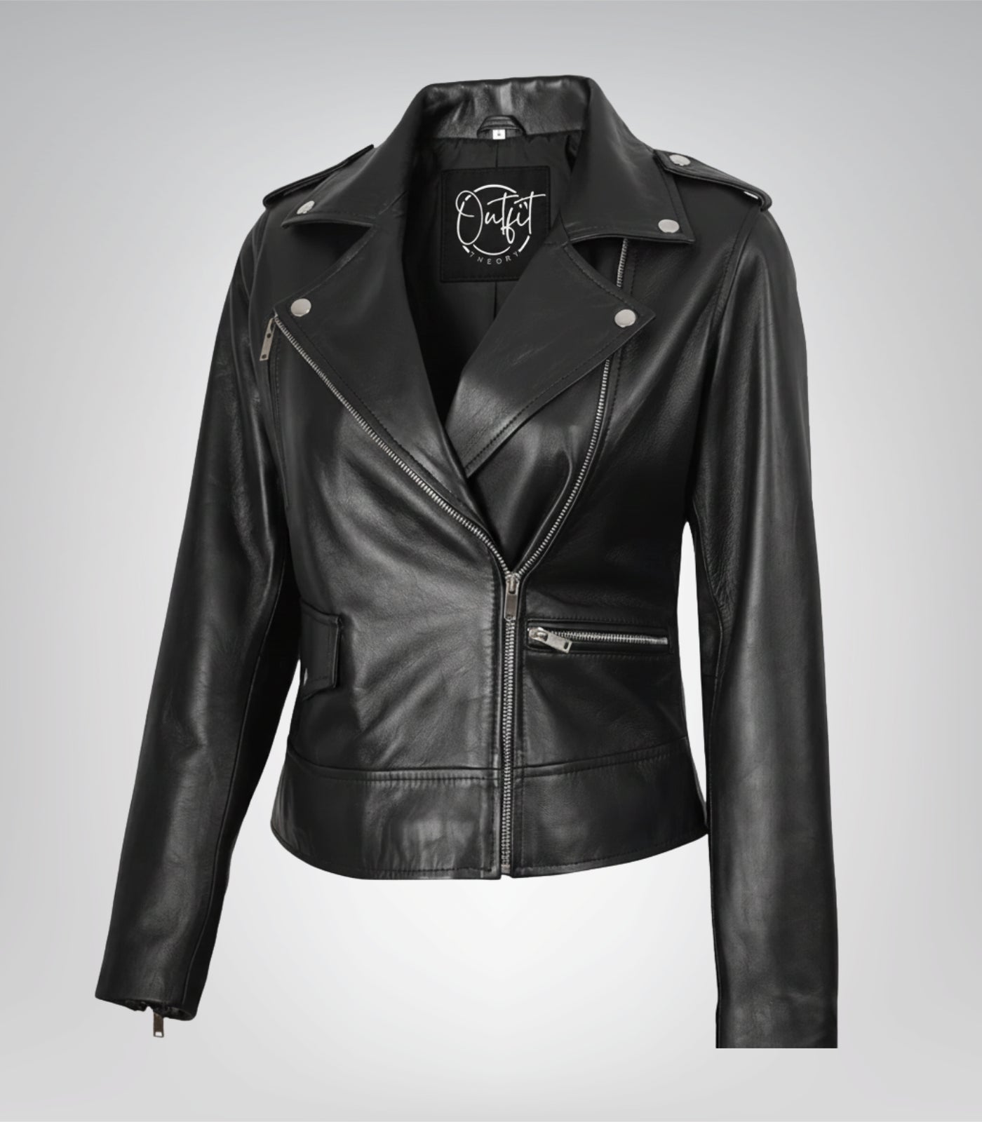 Amber women’s black leather biker jacket with asymmetrical closure