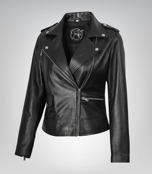 Amber women’s black leather biker jacket with asymmetrical closure