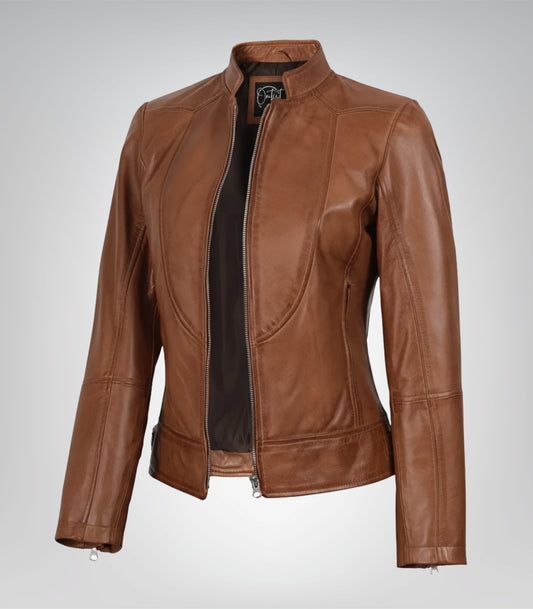 Tan slim-fit waxed leather biker jacket for women