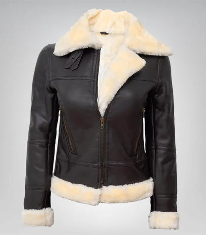 Women’s dark brown B3 shearling leather bomber jacket made from genuine lambskin