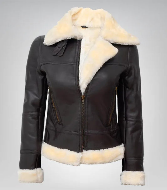 Women’s dark brown B3 shearling leather bomber jacket made from genuine lambskin