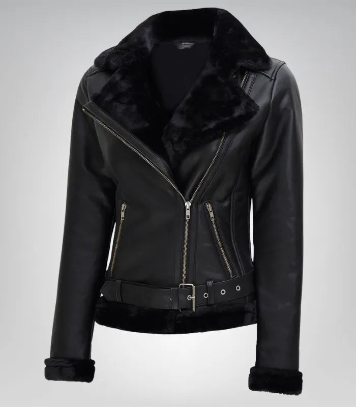 Women’s Black Shearling Leather Biker Jacket – Genuine Lambskin Winter Style