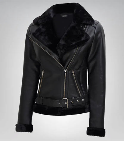 Women’s Black Shearling Leather Biker Jacket – Genuine Lambskin Winter Style