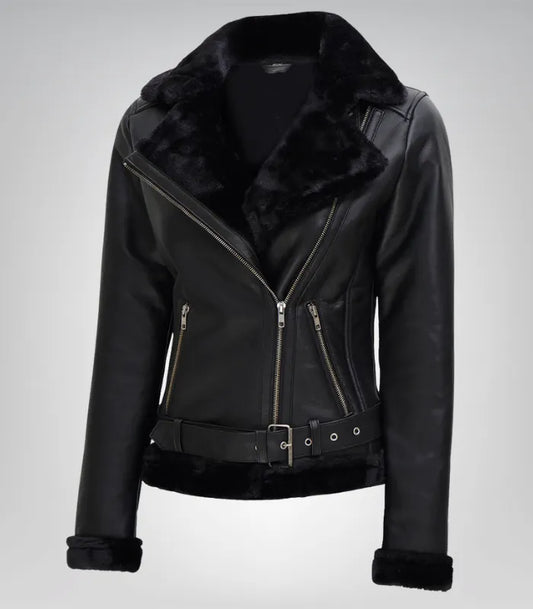 Women’s Black Shearling Leather Biker Jacket – Genuine Lambskin Winter Style