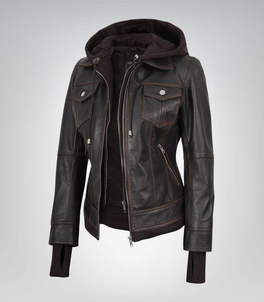 Women’s brown genuine leather bomber jacket with detachable hood