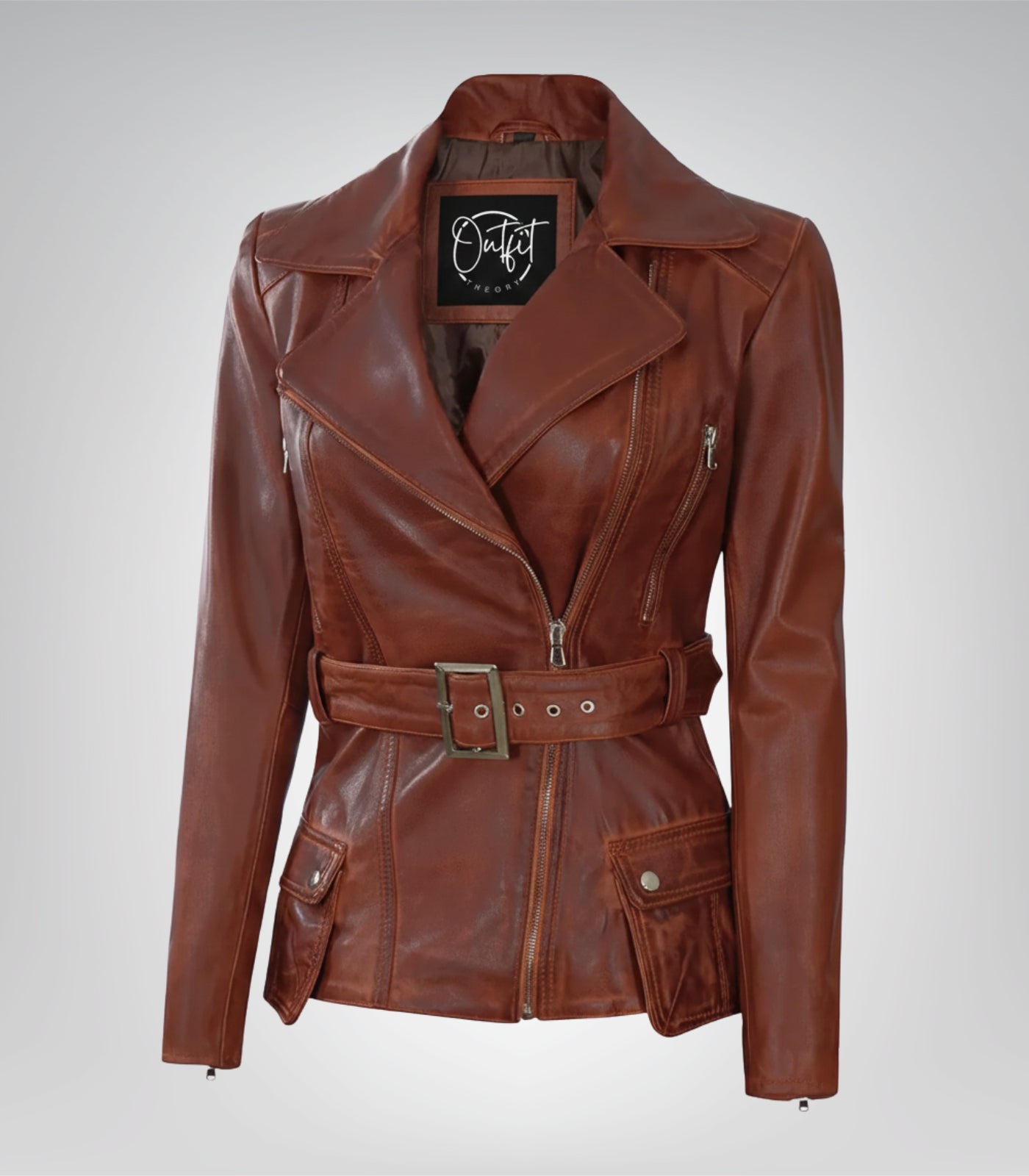 Women’s cognac waxed leather biker jacket with belted waist and four pockets
