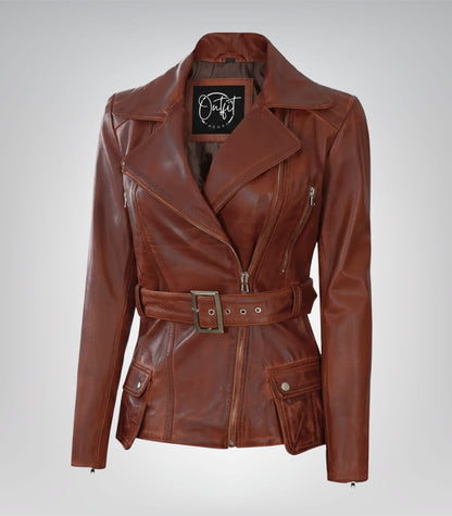 Women’s cognac waxed leather biker jacket with belted waist and four pockets