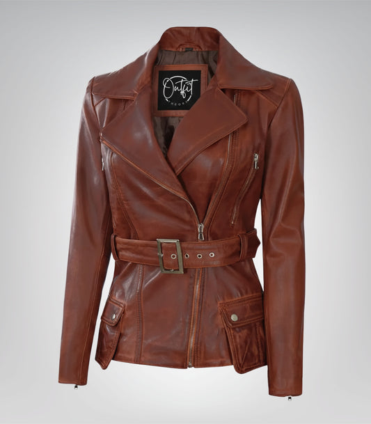 Women’s cognac waxed leather biker jacket with belted waist and four pockets