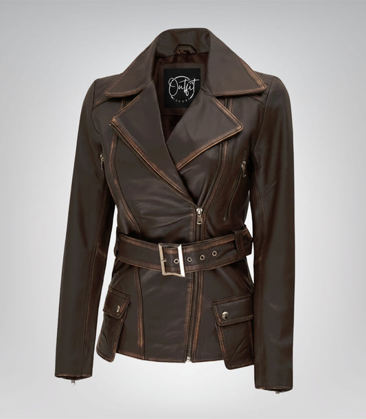 Distressed brown longline leather biker jacket for women