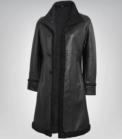 Classic men’s dark brown leather coat – mid-length with soft faux shearling interior