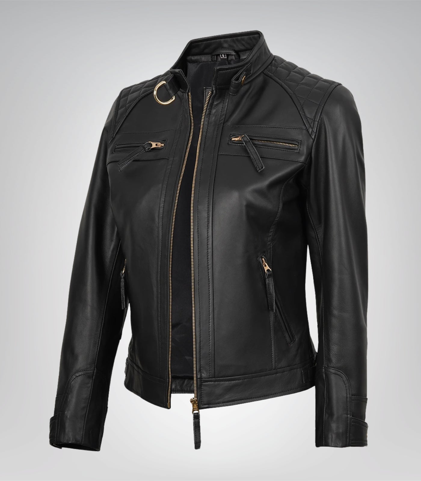 Women’s black leather moto-style jacket with gold accents