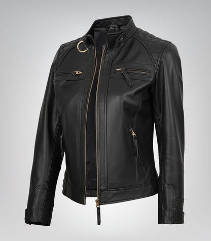 Women’s black leather moto-style jacket with gold accents