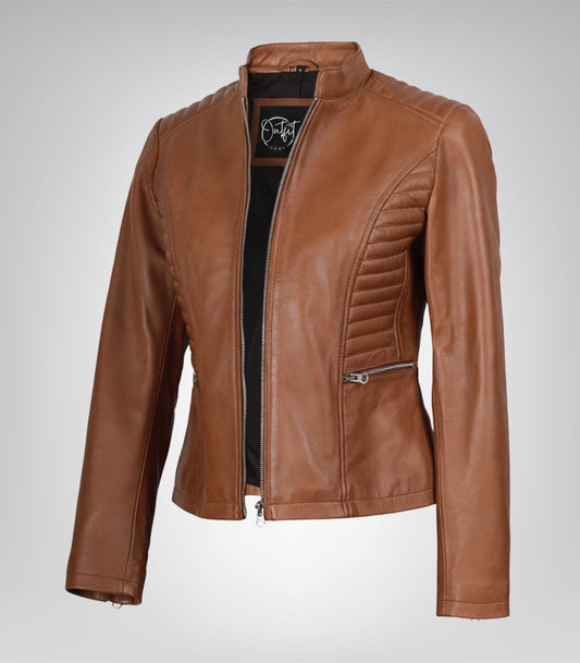 Tan women’s slim-fit premium leather jacket